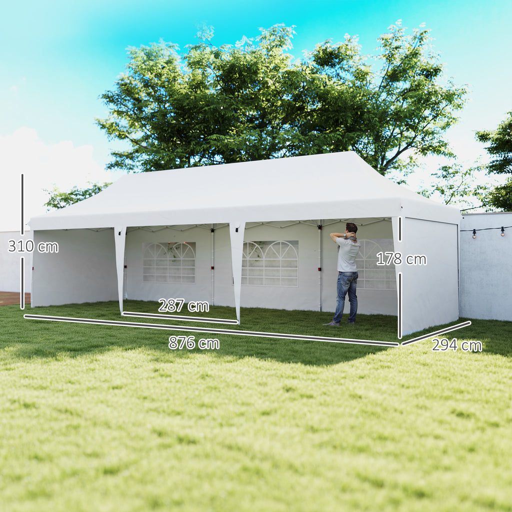 Tenda Dobrável 876x294x310 cm Tenda de Jardim com Altura Ajustável Paredes Laterais Janelas Proteção UV50+ Impermeável e Bolsa de Transporte Tenda para Exterior Festas Campismo Branco