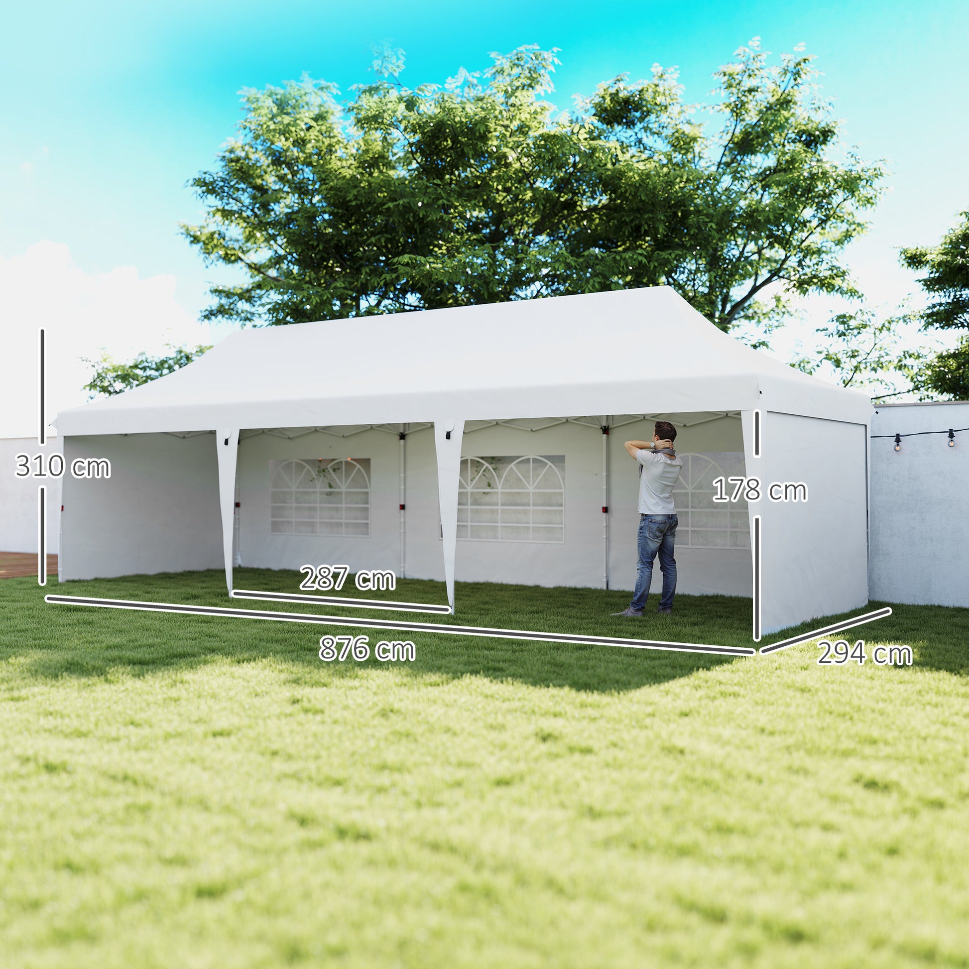 Tenda Dobrável 876x294x310 cm Tenda de Jardim com Altura Ajustável Paredes Laterais Janelas Proteção UV50+ Impermeável e Bolsa de Transporte Tenda para Exterior Festas Campismo Branco