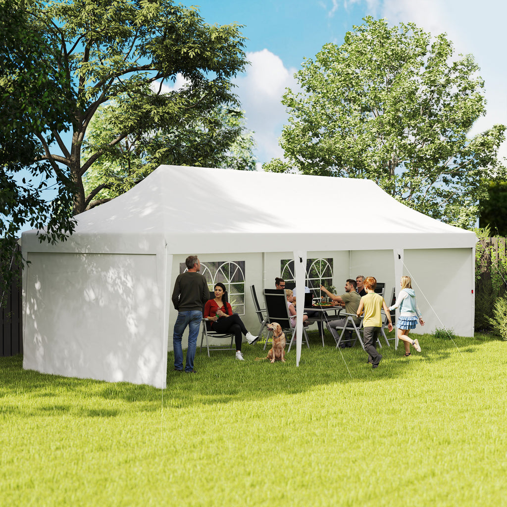 Tenda Dobrável 876x294x310 cm Tenda de Jardim com Altura Ajustável Paredes Laterais Janelas Proteção UV50+ Impermeável e Bolsa de Transporte Tenda para Exterior Festas Campismo Branco