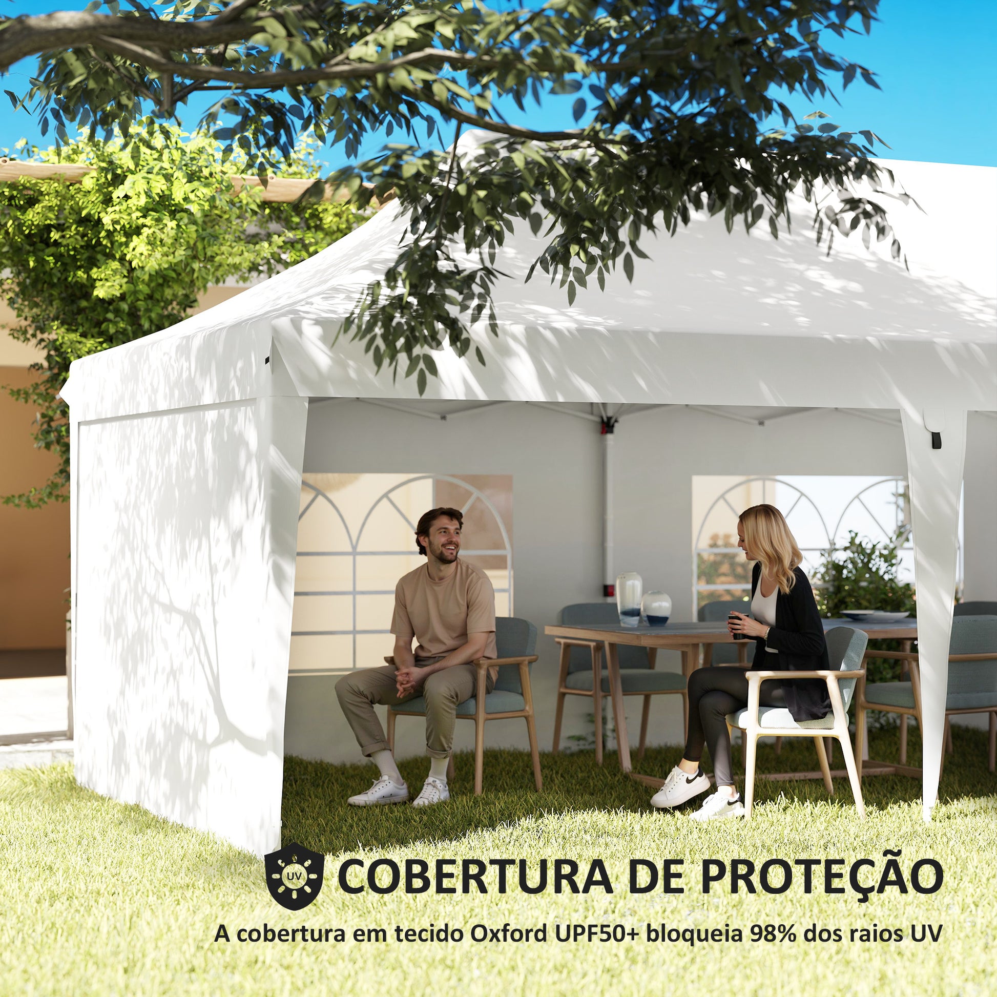 Tenda Dobrável 876x294x310 cm Tenda de Jardim com Altura Ajustável Paredes Laterais Janelas Proteção UV50+ Impermeável e Bolsa de Transporte Tenda para Exterior Festas Campismo Branco