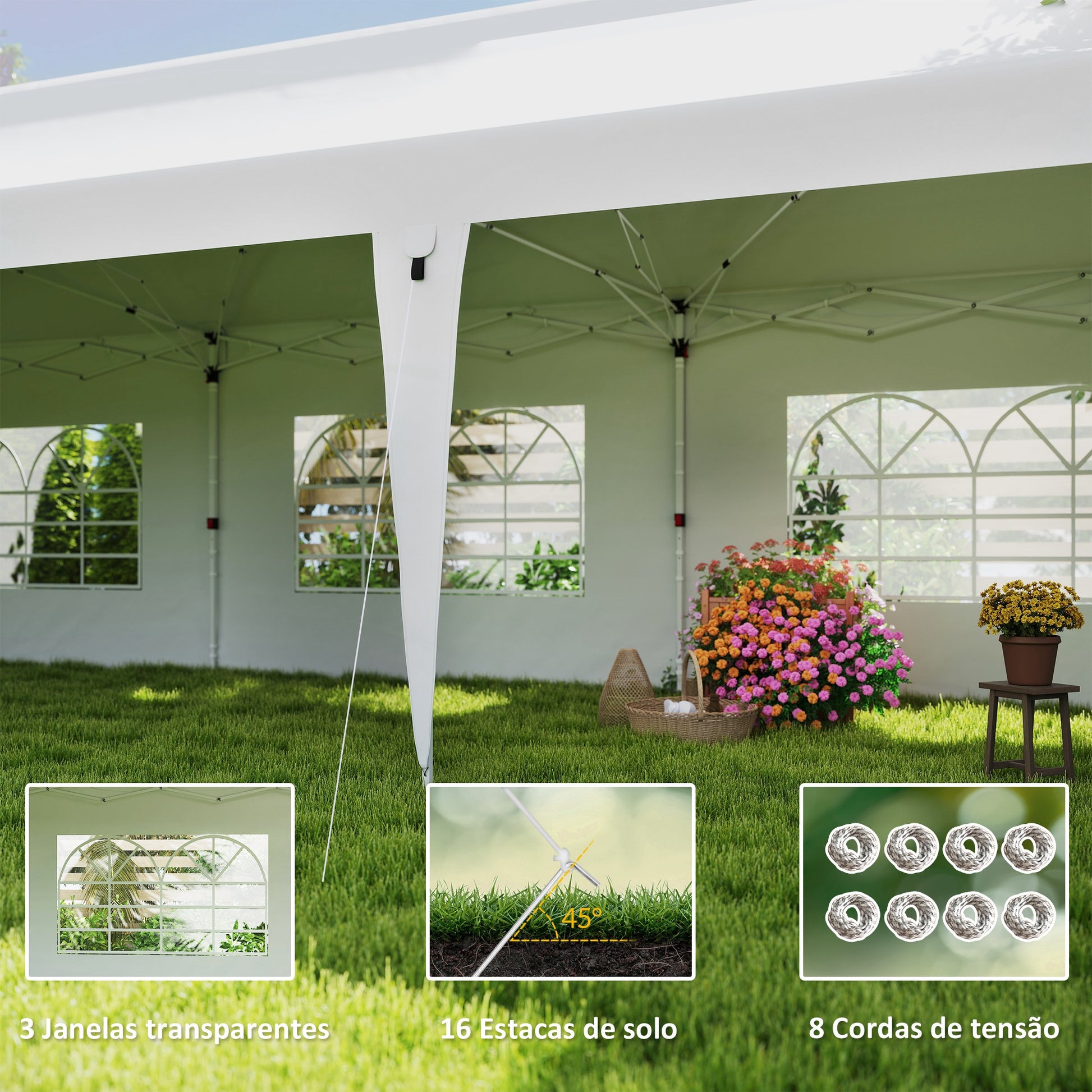 Tenda Dobrável 876x294x310 cm Tenda de Jardim com Altura Ajustável Paredes Laterais Janelas Proteção UV50+ Impermeável e Bolsa de Transporte Tenda para Exterior Festas Campismo Branco