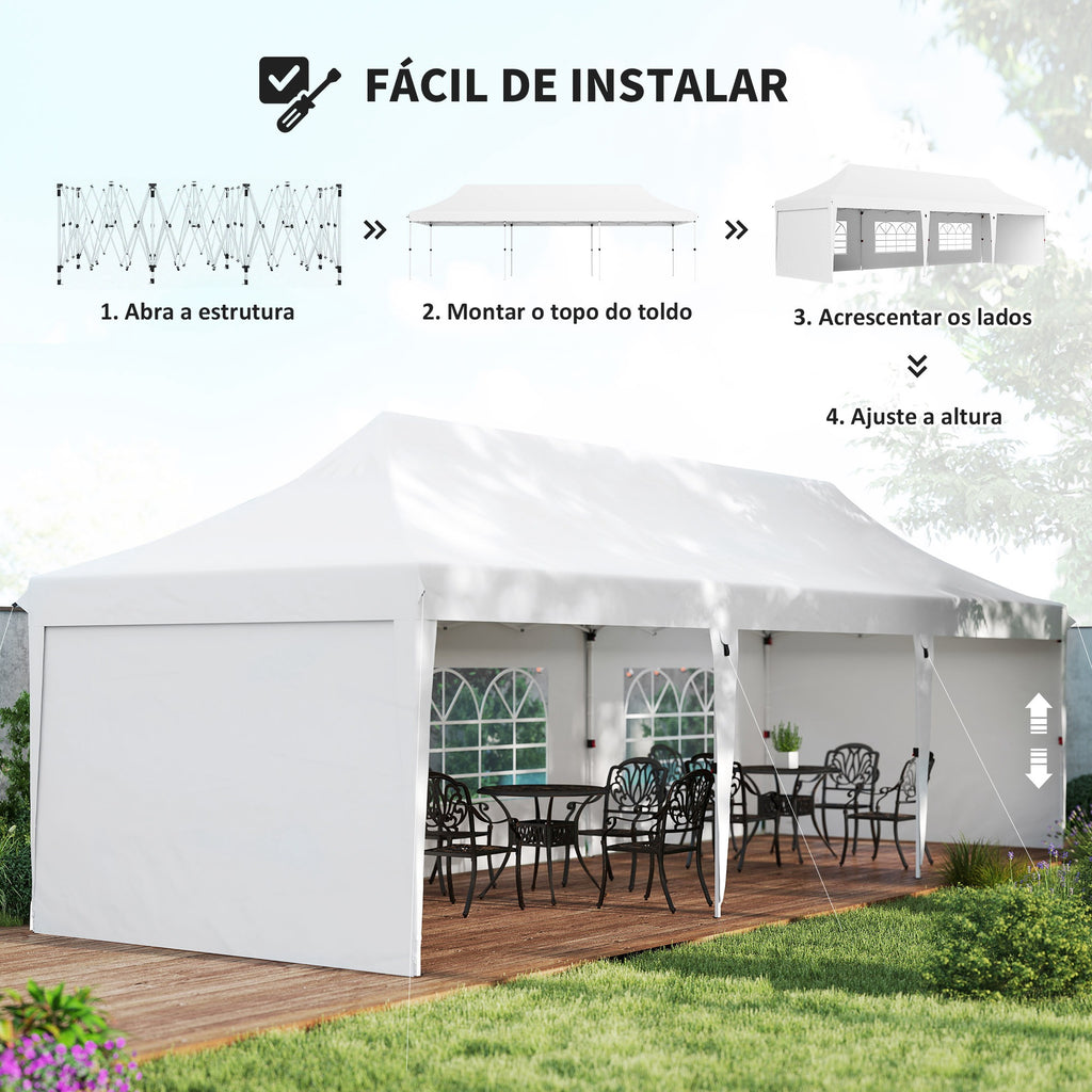 Tenda Dobrável 876x294x310 cm Tenda de Jardim com Altura Ajustável Paredes Laterais Janelas Proteção UV50+ Impermeável e Bolsa de Transporte Tenda para Exterior Festas Campismo Branco