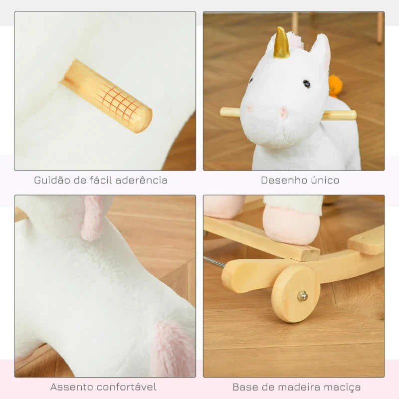 Baloiço Infantil em Forma de Unicornio para Crianças acima de 3 Anos Baloiço 2 em 1 com Rodas e Sons 45kg 63x38x63cm Branco