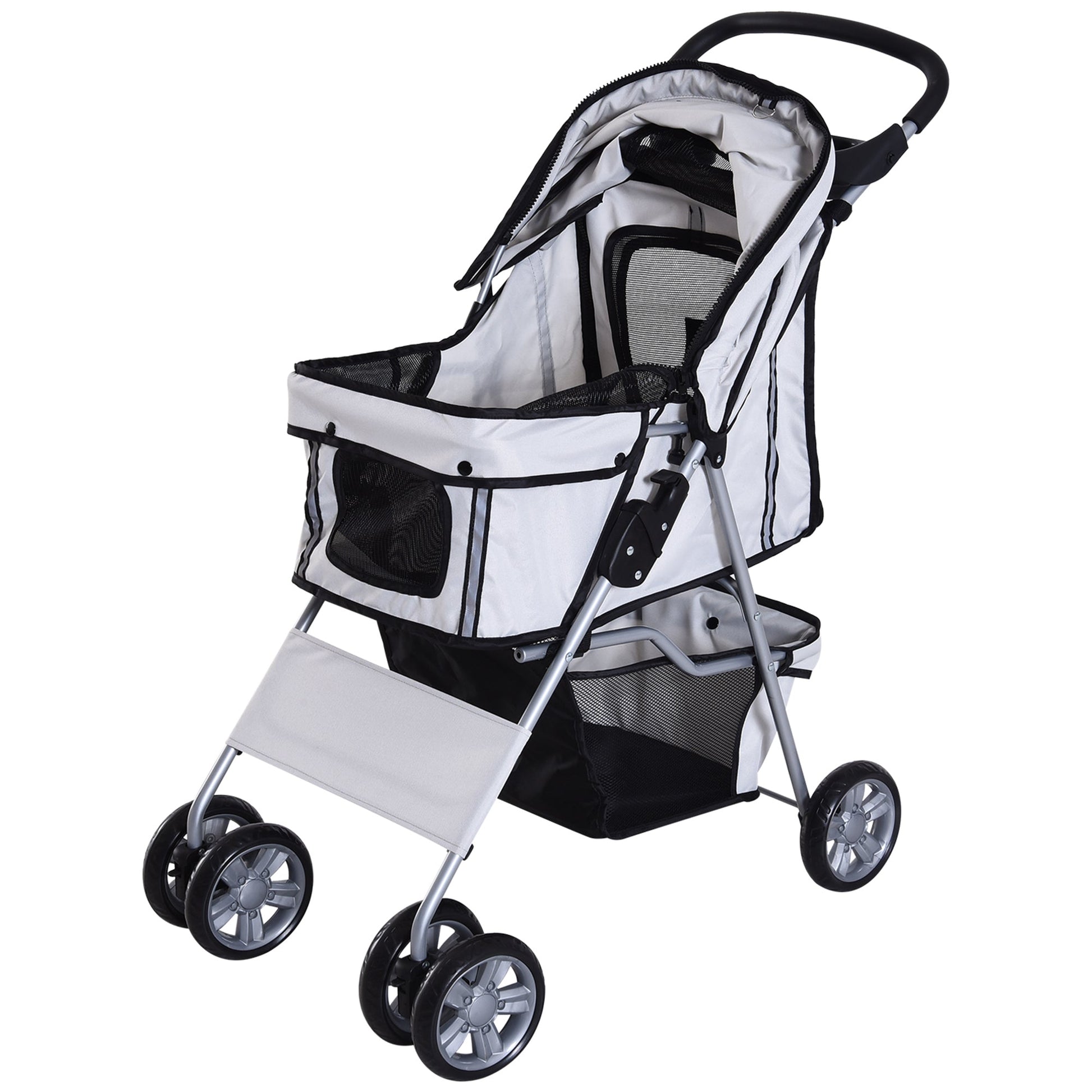 PawHut Carrinho de Passeio para Animais de Estimação Carrinho para Cães e Gatos Dobrável com Capô Ajustável Cesta de Armazenamento Suporte para Copos e Travão 75x45x97cm Cinza