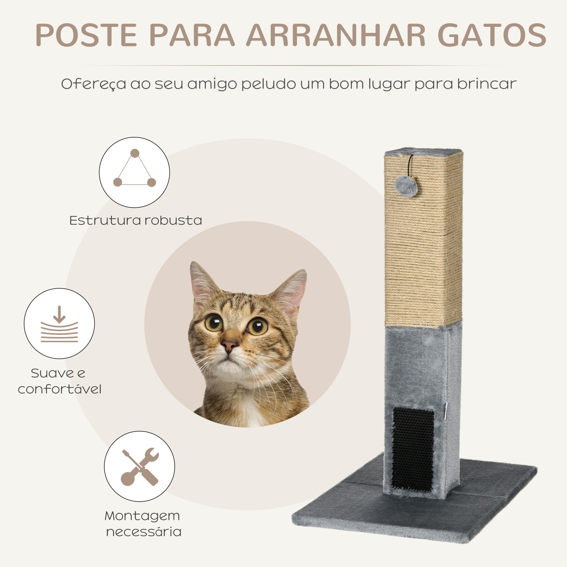 PawHut Poste Arranhador para Gatos 79 cm Arranhador para Gatos com Bola Suspensa e Poste de Juta 59,5x39x79 cm Cinza e Bege