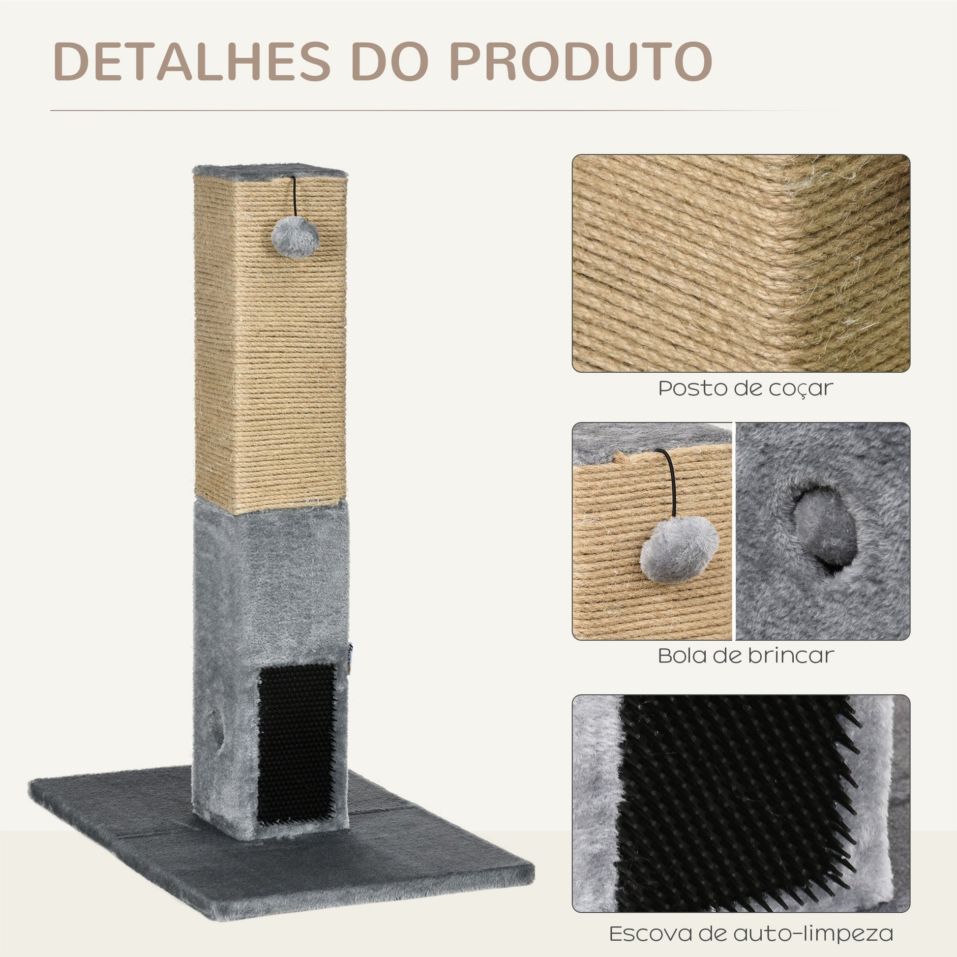 PawHut Poste Arranhador para Gatos 79 cm Arranhador para Gatos com Bola Suspensa e Poste de Juta 59,5x39x79 cm Cinza e Bege