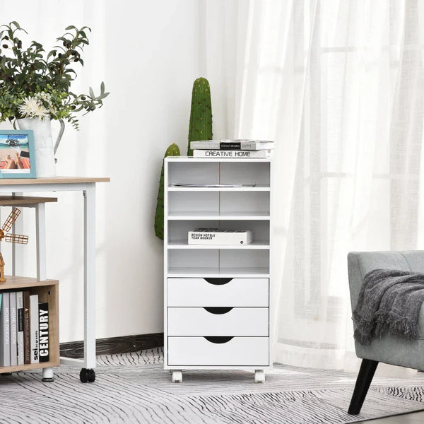Móveis auxiliares para escritório Estudo Grande espaço de armazenamento com 3 gavetas 4 prateleiras abertas 4 rodas 40x30x83 cm Branco