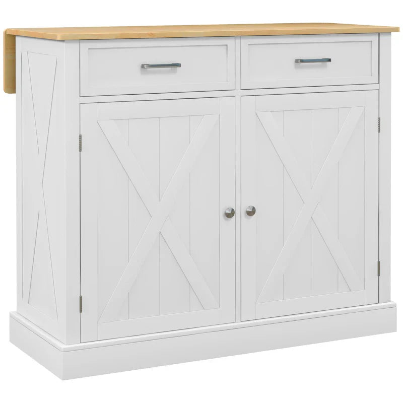 Ilha de Cozinha Carrinho de Cozinha com Bancada de Madeira Dobrável 2 Portas 2 Gavetas Prateleira Ajustável e 4 Rodas 10x60x90,5 cm Branco e Madeira