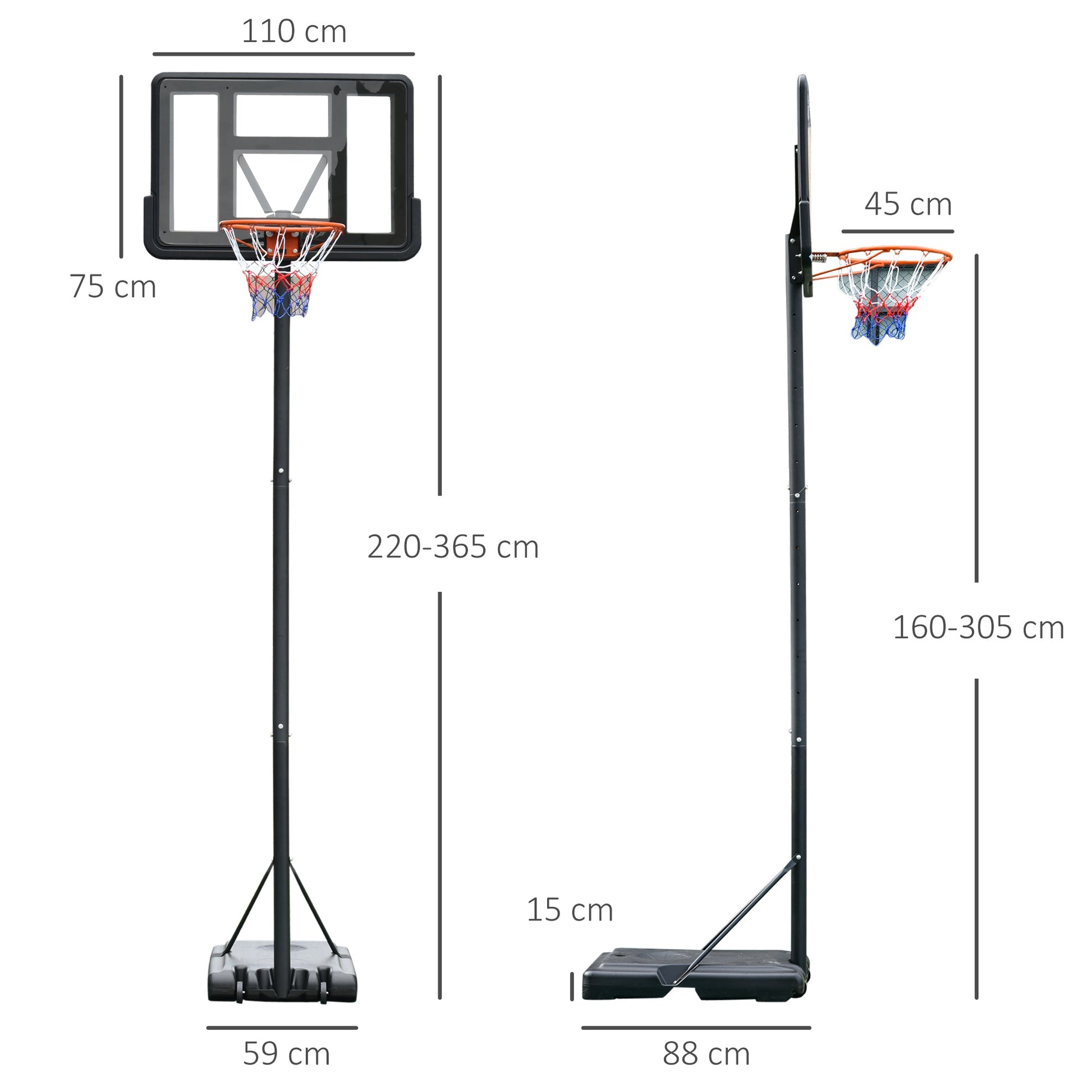 Cesta de Basquetebol de Exterior com Altura Ajustável 220-365 cm Aro de Basquetebol com Suporte Cesta de Basquetebol com Rodas Base Recarregável Preto