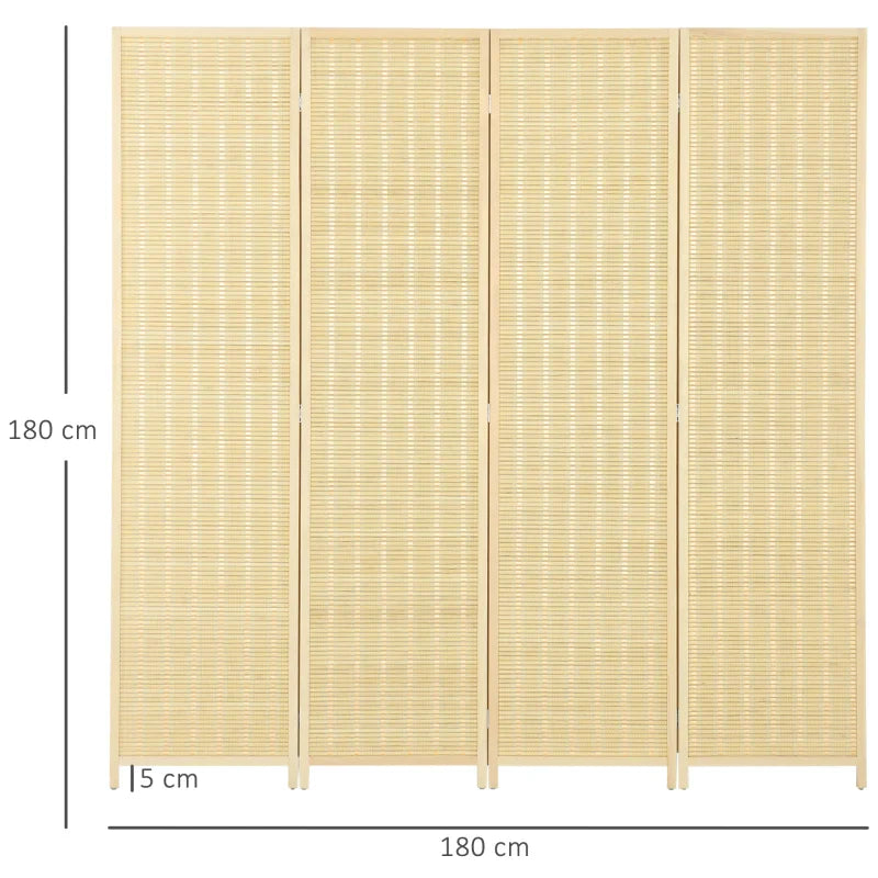 Biombo de 4 Painéis Dobrável 180x180 cm Separador de Ambientes Divisor de Habitação Tecido a Mão de Bambu e Fio de Algodão Decoração Elegante para Sala de Estar Madeira