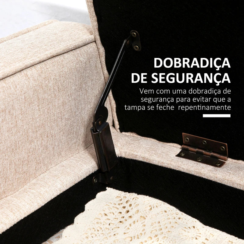 Banco de Armazenamento Baú de Armazenamento Estofado em Linho com Tampa Abatível e Pés de Madeira para Dormitório Sala de Estar Entrada Carga 120kg 120x45x54cm Bege