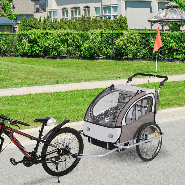 Reboque de Bicicleta para Crianças 2 Lugares 2 em 1 Reboque para Crianças Convertível em Carrinho com Rodas 360º Amortecedores e Guiador Ajustável Bege e Marrom