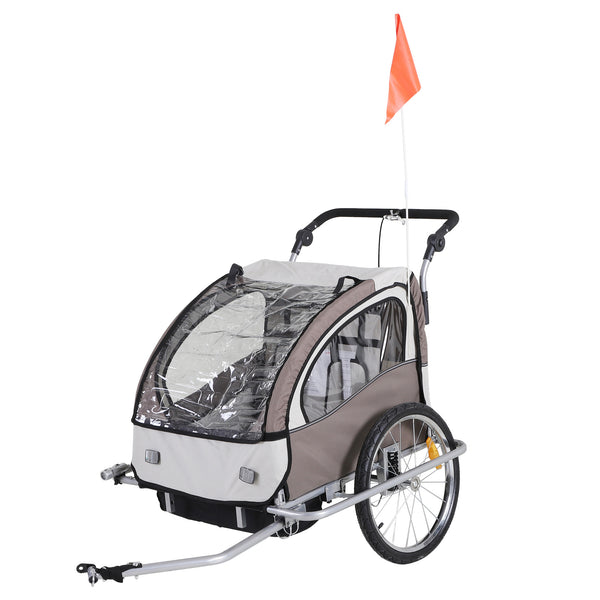 Reboque de Bicicleta para Crianças 2 Lugares 2 em 1 Reboque para Crianças Convertível em Carrinho com Rodas 360º Amortecedores e Guiador Ajustável Bege e Marrom
