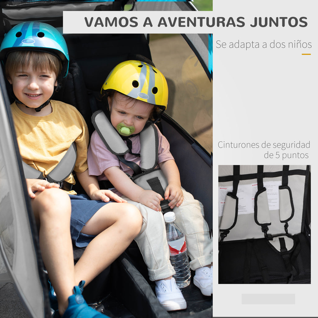 Reboque de Bicicleta para Crianças 2 Lugares 2 em 1 Reboque para Crianças Convertível em Carrinho com Rodas 360º Amortecedores e Guiador Ajustável Bege e Marrom