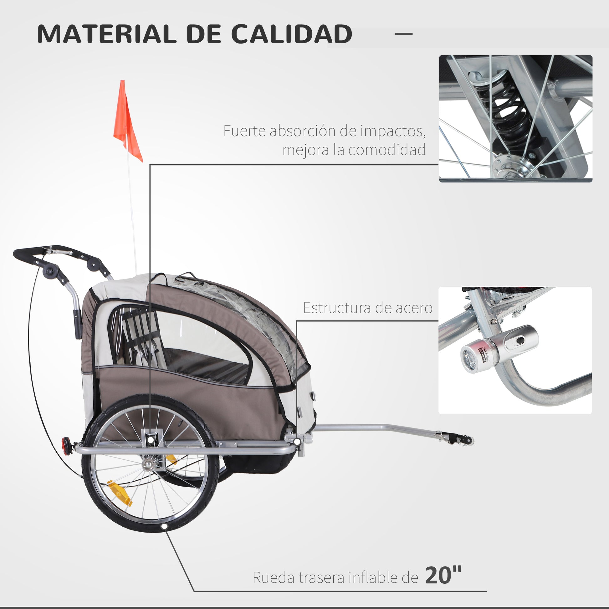 Reboque de Bicicleta para Crianças 2 Lugares 2 em 1 Reboque para Crianças Convertível em Carrinho com Rodas 360º Amortecedores e Guiador Ajustável Bege e Marrom