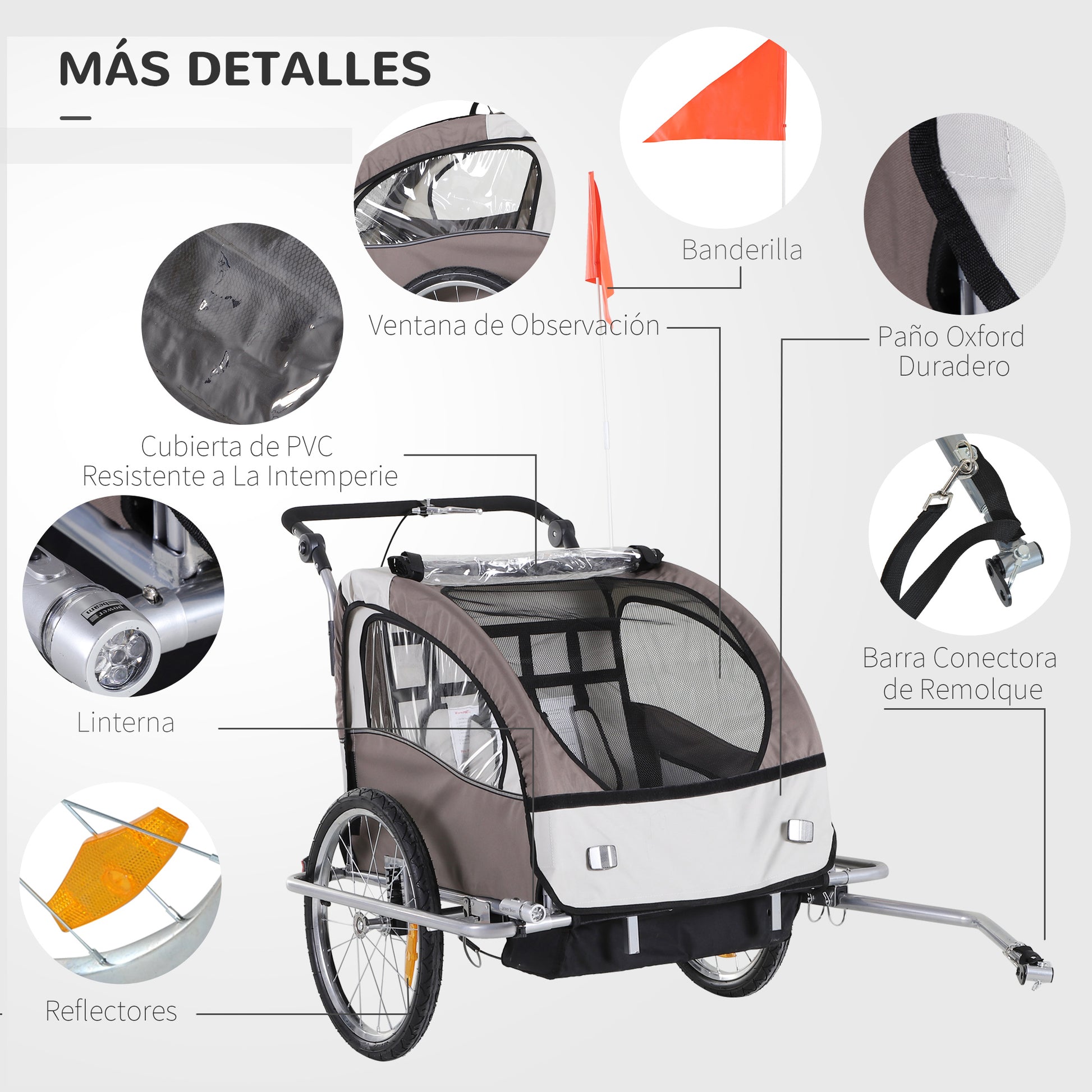 Reboque de Bicicleta para Crianças 2 Lugares 2 em 1 Reboque para Crianças Convertível em Carrinho com Rodas 360º Amortecedores e Guiador Ajustável Bege e Marrom