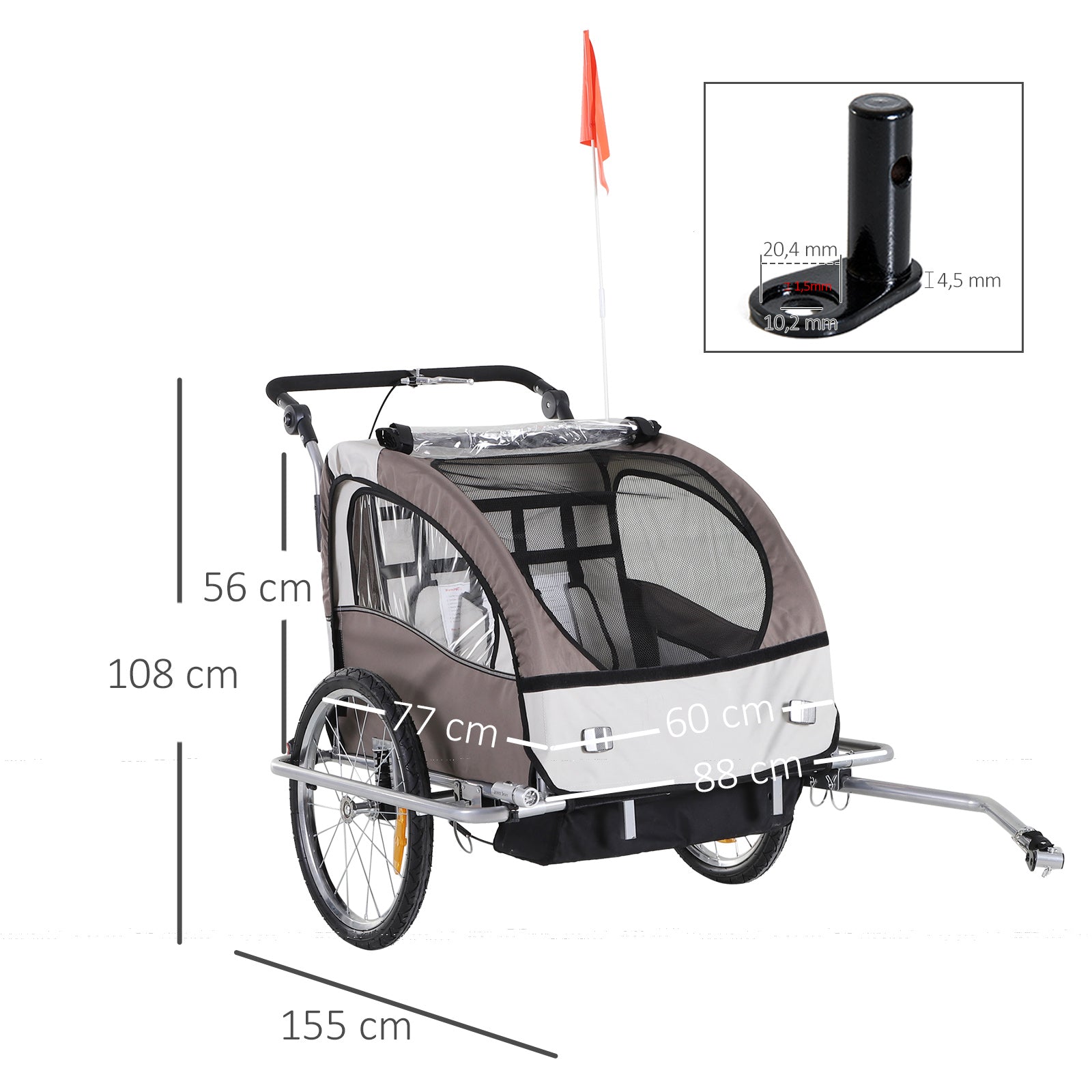 Reboque de Bicicleta para Crianças 2 Lugares 2 em 1 Reboque para Crianças Convertível em Carrinho com Rodas 360º Amortecedores e Guiador Ajustável Bege e Marrom