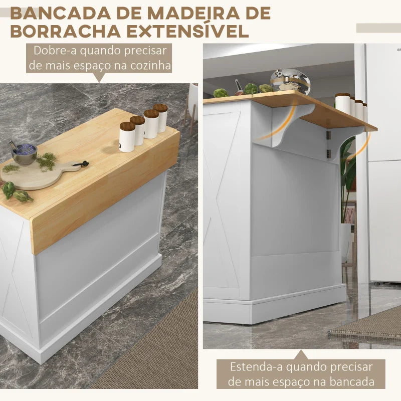 Ilha de Cozinha Carrinho de Cozinha com Bancada de Madeira Dobrável 2 Portas 2 Gavetas Prateleira Ajustável e 4 Rodas 10x60x90,5 cm Branco e Madeira
