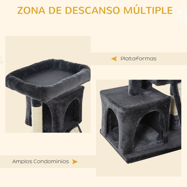 PawHut Arranhador para Gatos com Postes e Placa de Arranhar em Sisal Caverna Cama com Borda Elevada e Tato Suave 59x39x83 cm Cinza Escuro