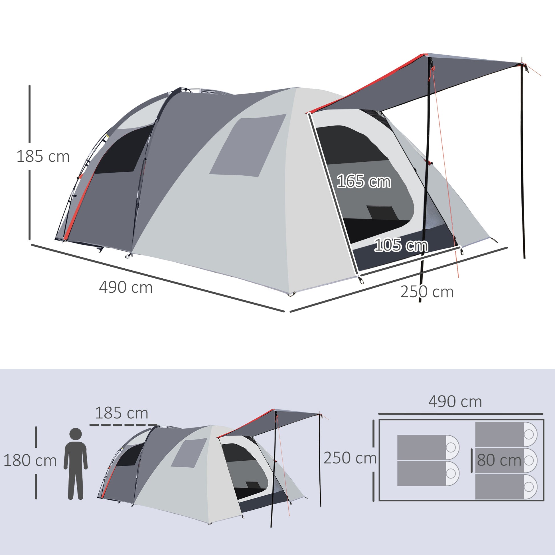 Tenda de Campismo Familiar para 4-5 Pessoas Tenda de Campismo Impermeável 2000 mm com 4 Portas e Janelas de Malha Bolsa de Transporte 490x250x185 cm Cinza
