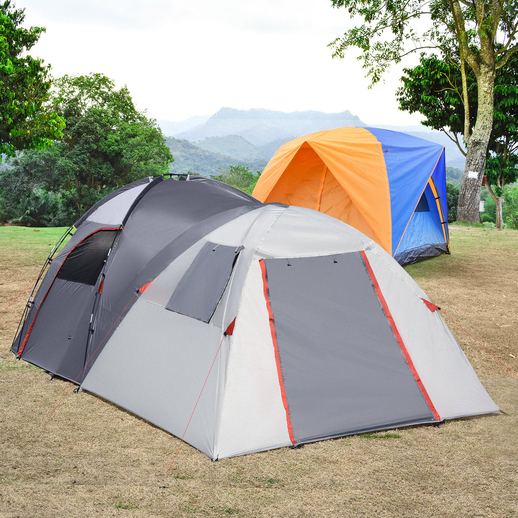 Tenda de Campismo Familiar para 4-5 Pessoas Tenda de Campismo Impermeável 2000 mm com 4 Portas e Janelas de Malha Bolsa de Transporte 490x250x185 cm Cinza