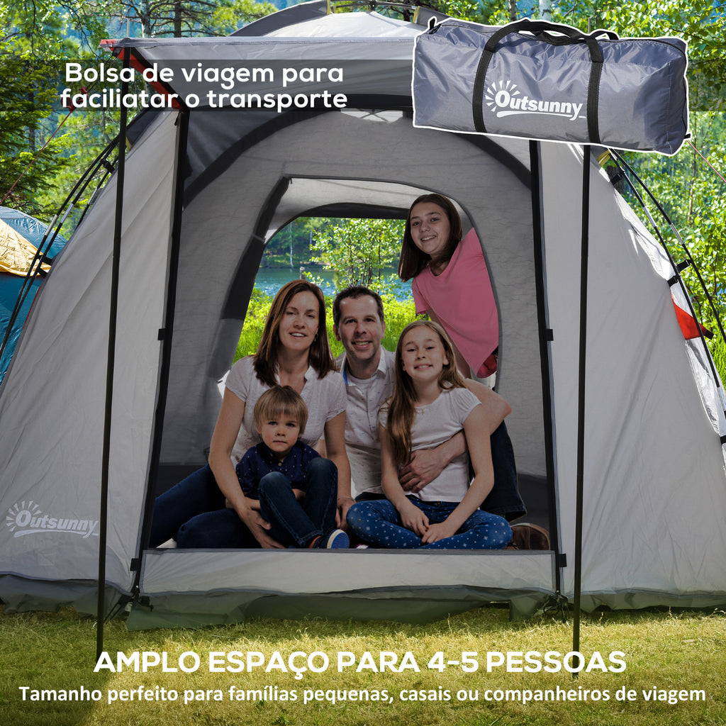 Tenda de Campismo Familiar para 4-5 Pessoas Tenda de Campismo Impermeável 2000 mm com 4 Portas e Janelas de Malha Bolsa de Transporte 490x250x185 cm Cinza