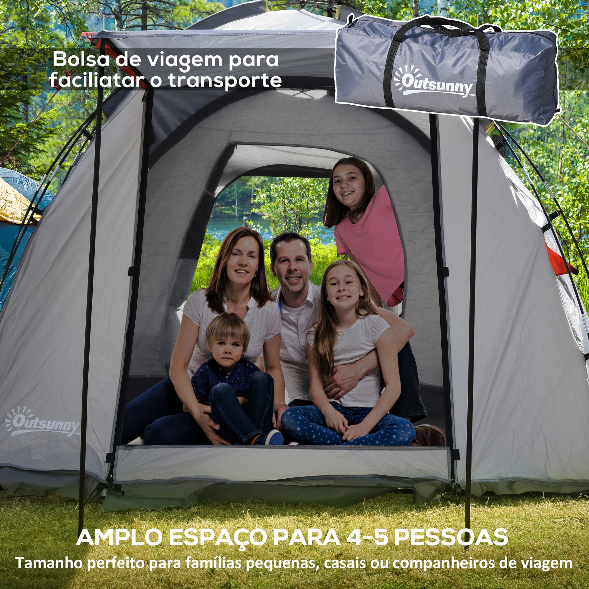 Tenda de Campismo Familiar para 4-5 Pessoas Tenda de Campismo Impermeável 2000 mm com 4 Portas e Janelas de Malha Bolsa de Transporte 490x250x185 cm Cinza