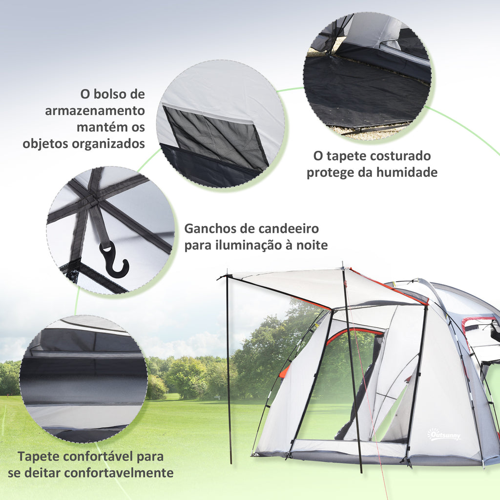Tenda de Campismo Familiar para 4-5 Pessoas Tenda de Campismo Impermeável 2000 mm com 4 Portas e Janelas de Malha Bolsa de Transporte 490x250x185 cm Cinza