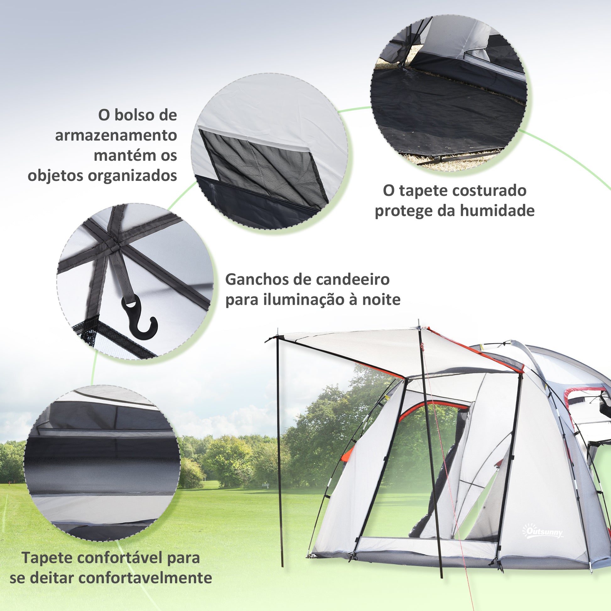Tenda de Campismo Familiar para 4-5 Pessoas Tenda de Campismo Impermeável 2000 mm com 4 Portas e Janelas de Malha Bolsa de Transporte 490x250x185 cm Cinza