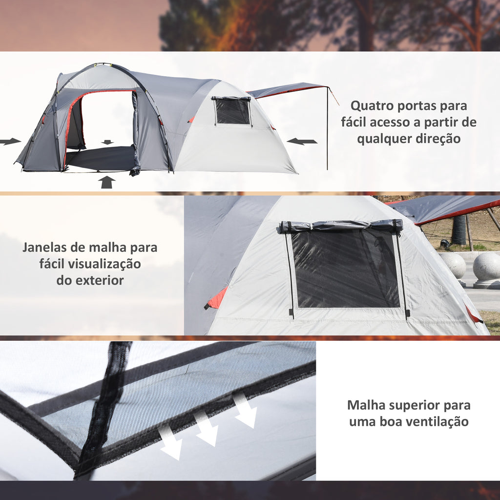 Tenda de Campismo Familiar para 4-5 Pessoas Tenda de Campismo Impermeável 2000 mm com 4 Portas e Janelas de Malha Bolsa de Transporte 490x250x185 cm Cinza