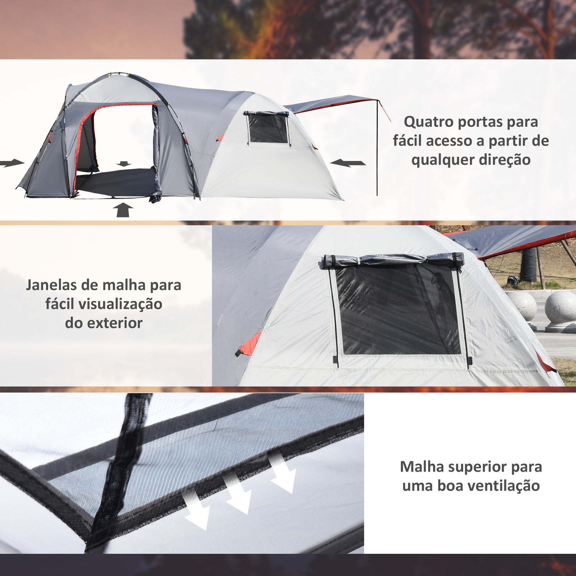 Tenda de Campismo Familiar para 4-5 Pessoas Tenda de Campismo Impermeável 2000 mm com 4 Portas e Janelas de Malha Bolsa de Transporte 490x250x185 cm Cinza