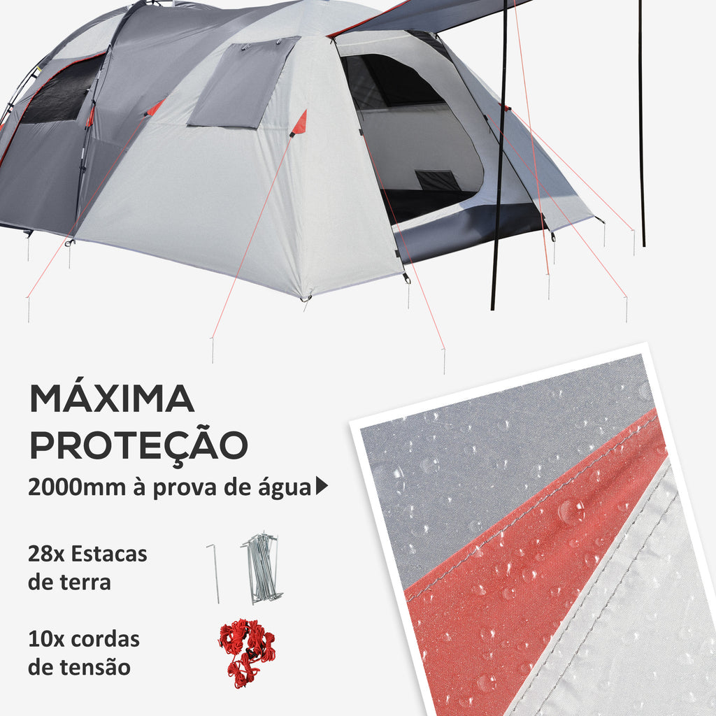 Tenda de Campismo Familiar para 4-5 Pessoas Tenda de Campismo Impermeável 2000 mm com 4 Portas e Janelas de Malha Bolsa de Transporte 490x250x185 cm Cinza