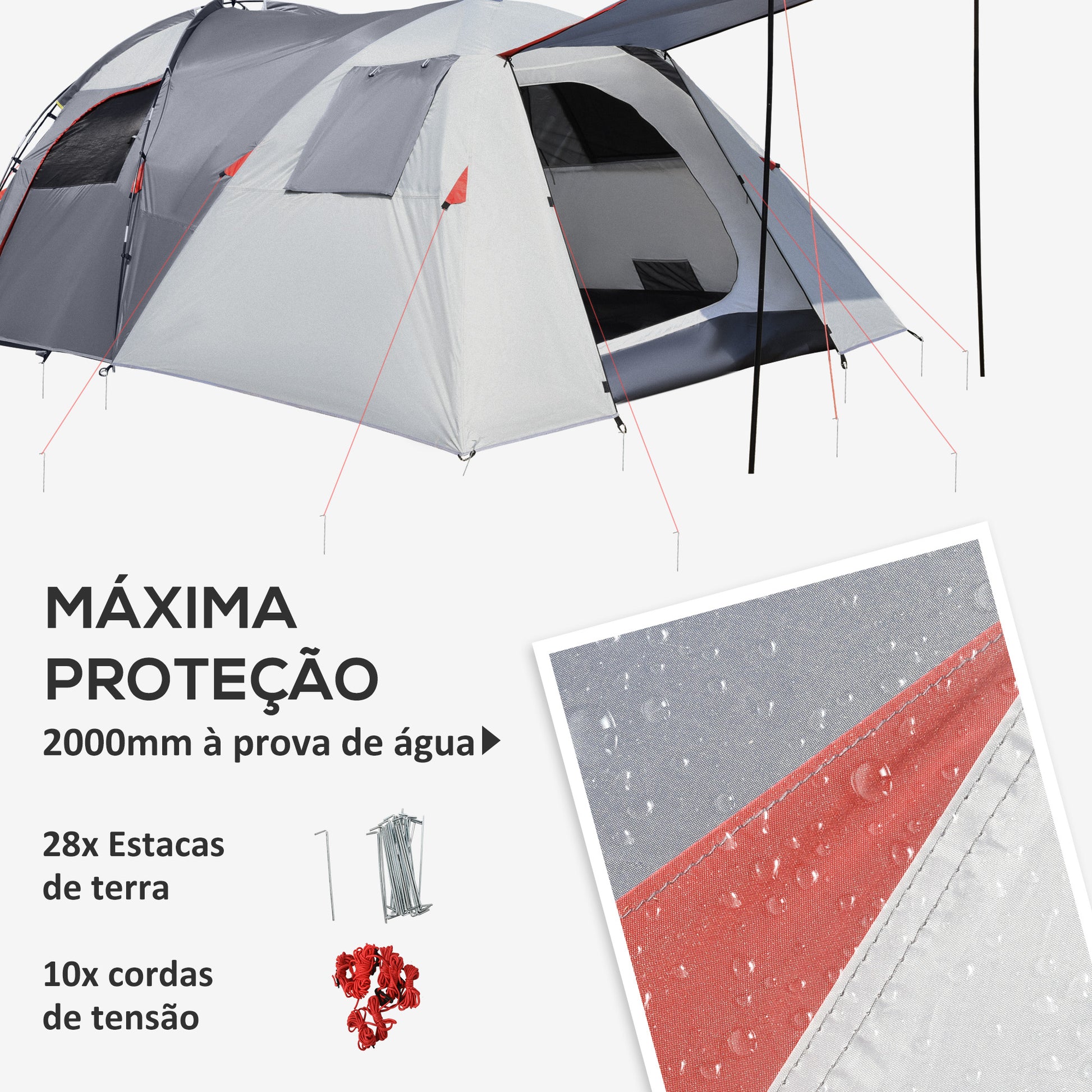 Tenda de Campismo Familiar para 4-5 Pessoas Tenda de Campismo Impermeável 2000 mm com 4 Portas e Janelas de Malha Bolsa de Transporte 490x250x185 cm Cinza