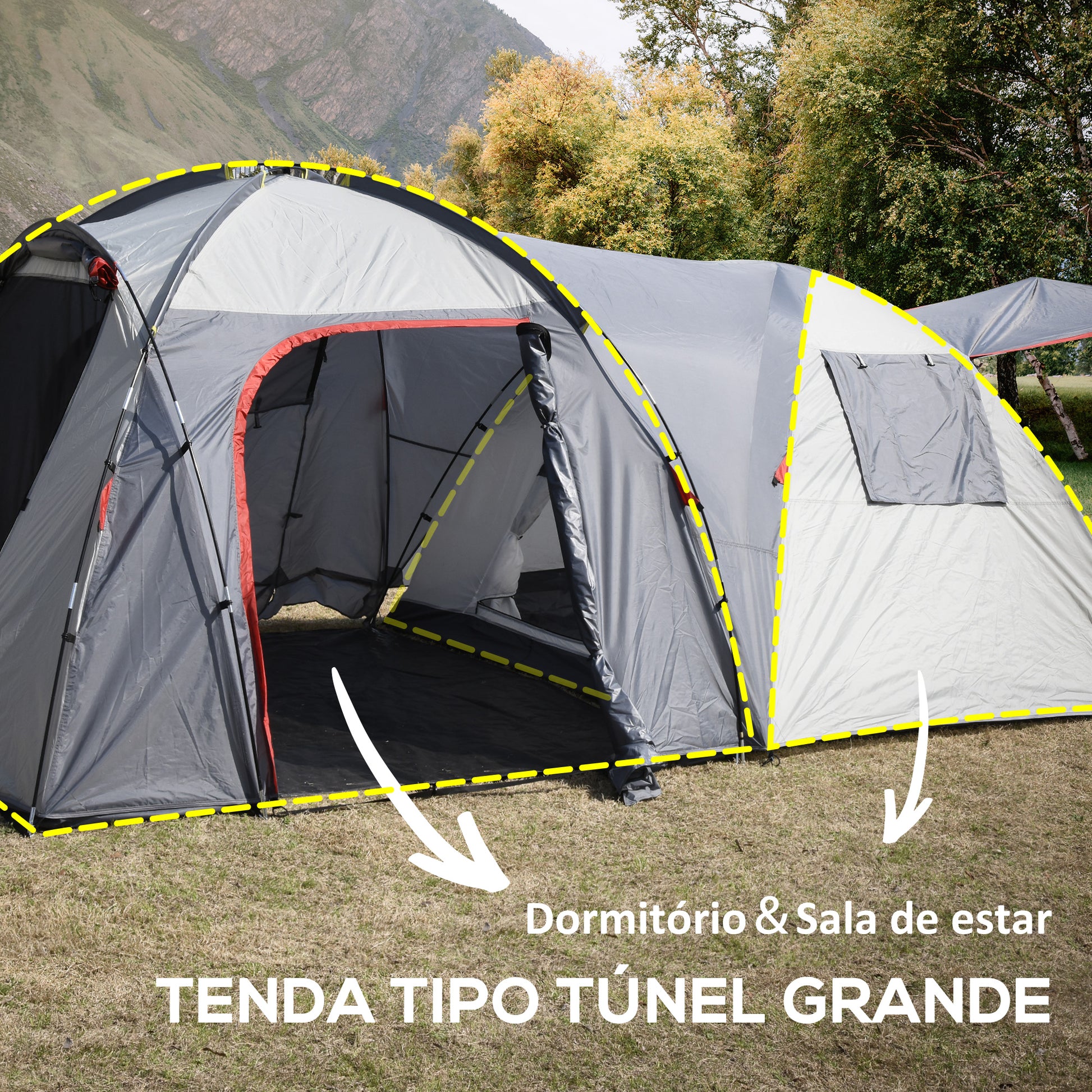 Tenda de Campismo Familiar para 4-5 Pessoas Tenda de Campismo Impermeável 2000 mm com 4 Portas e Janelas de Malha Bolsa de Transporte 490x250x185 cm Cinza