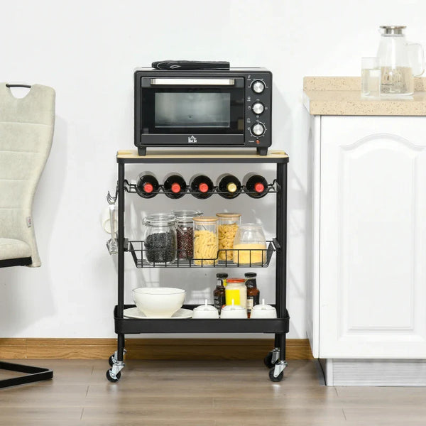 Carrinho de Cozinha com Rodas Carrinho de Cozinha Multiuso com Suporte para Garrafas Cesta Removível e 4 Ganchos para Sala de Jantar Sala de Estar 60,5x35,5x75cm Preto e Carvalho
