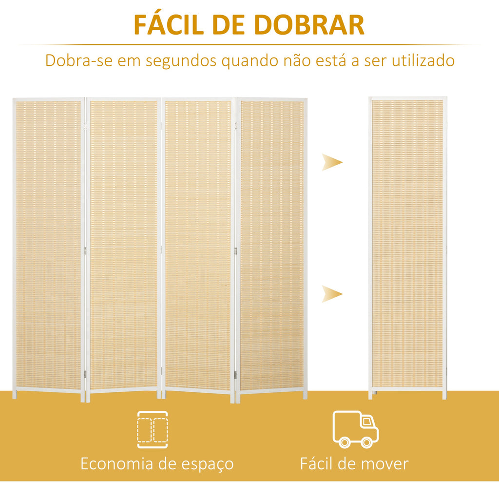 Biombo de 4 Painéis Dobrável 180x180 cm Separador de Ambientes Divisor de Habitação Tecido a Mão de Bambu e Fio de Algodão Decoração Elegante para Sala de Estar Branco