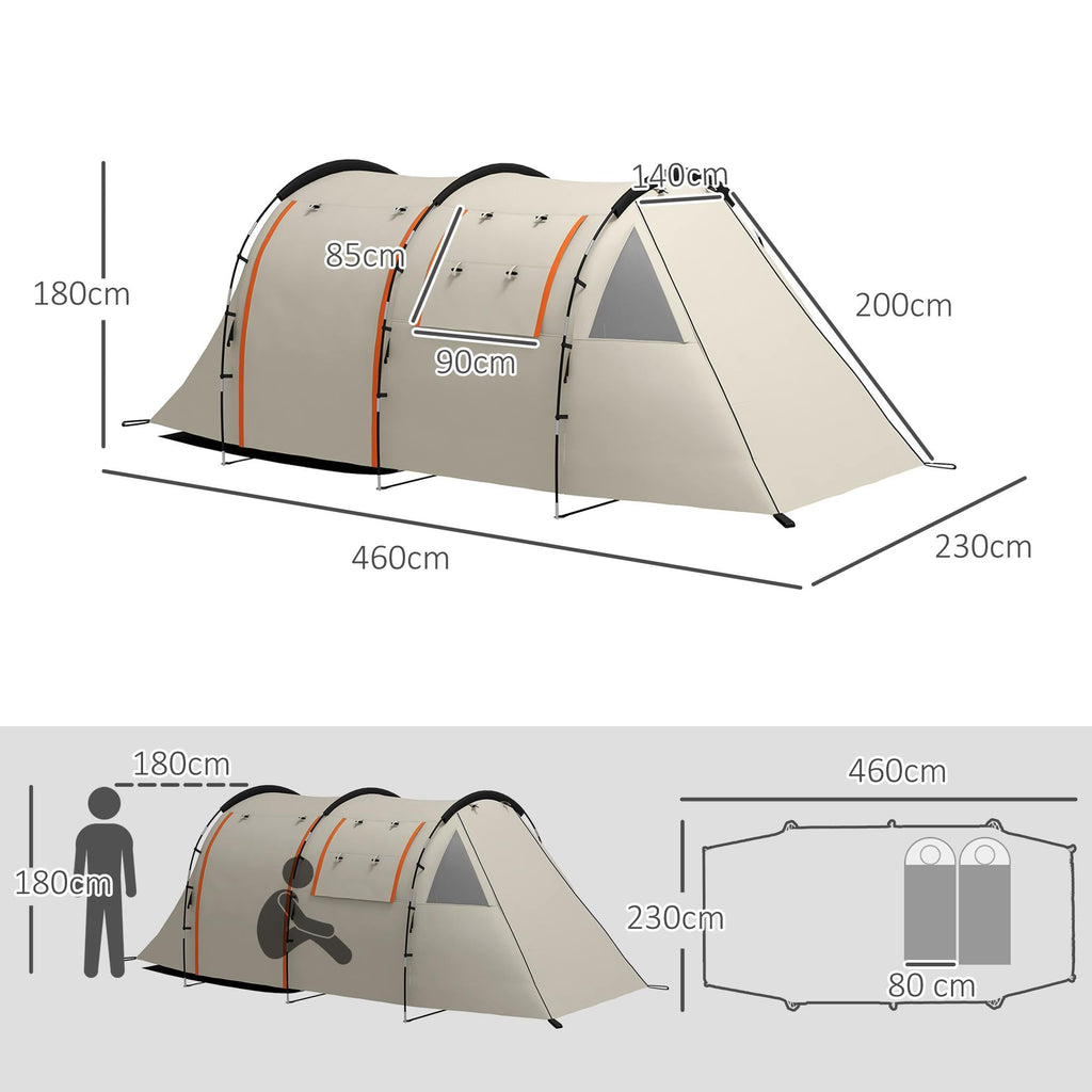 Tenda de Campismo Familiar para 2 Pessoas Tenda de Campismo Dobrável com 2 Quartos 5 Portas e Bolsa de Transporte Impermeável para Trekking 460x230x180 cm Caqui