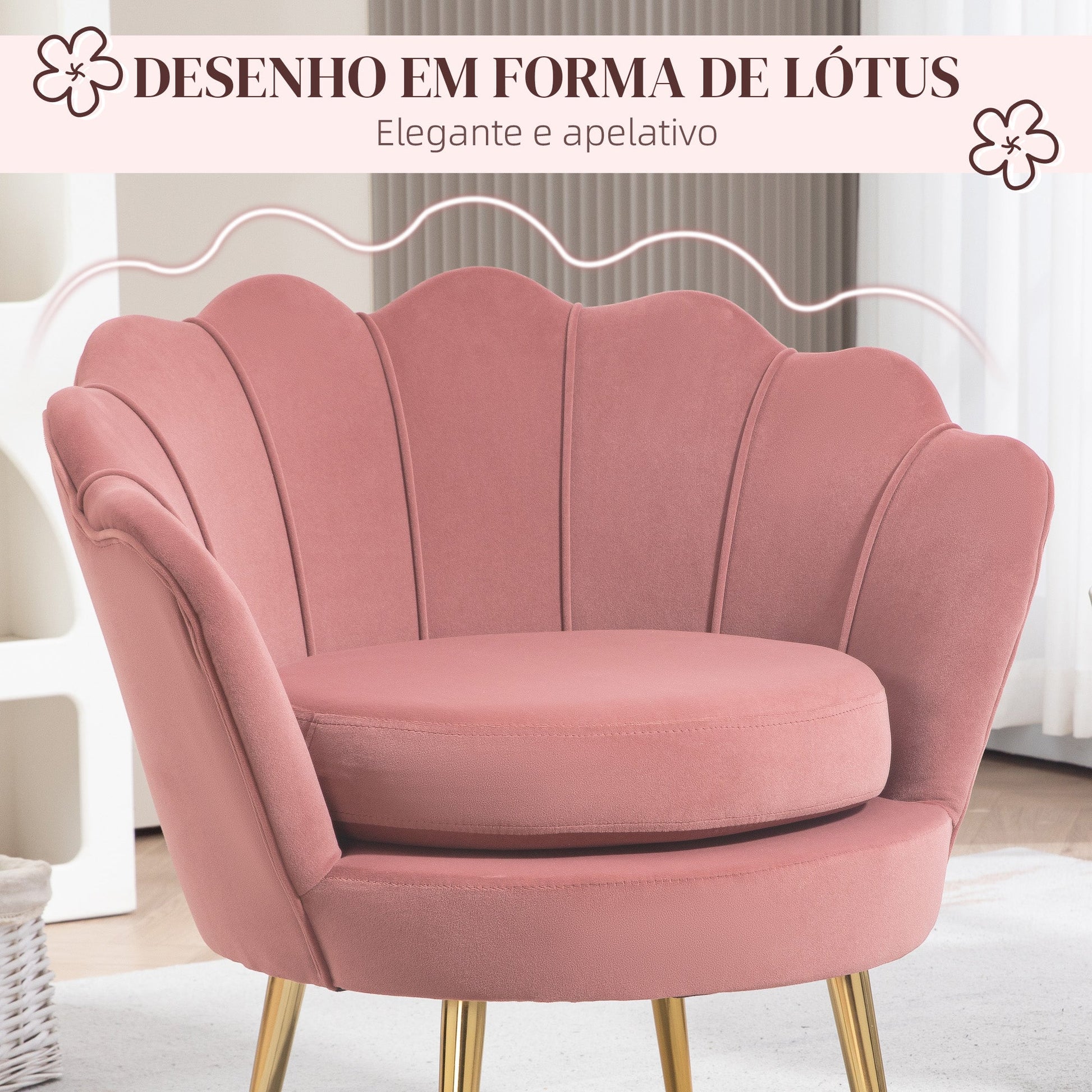 Poltrona de Sala Estofada em Veludo Poltrona para Quarto com Encosto em Forma de Concha e Pernas Douradas para Sala de Jantar 76x67x74 cm Rosa