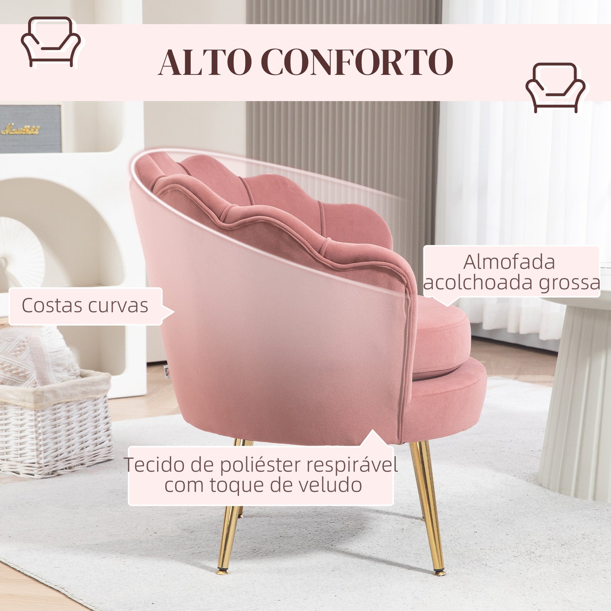 Poltrona de Sala Estofada em Veludo Poltrona para Quarto com Encosto em Forma de Concha e Pernas Douradas para Sala de Jantar 76x67x74 cm Rosa