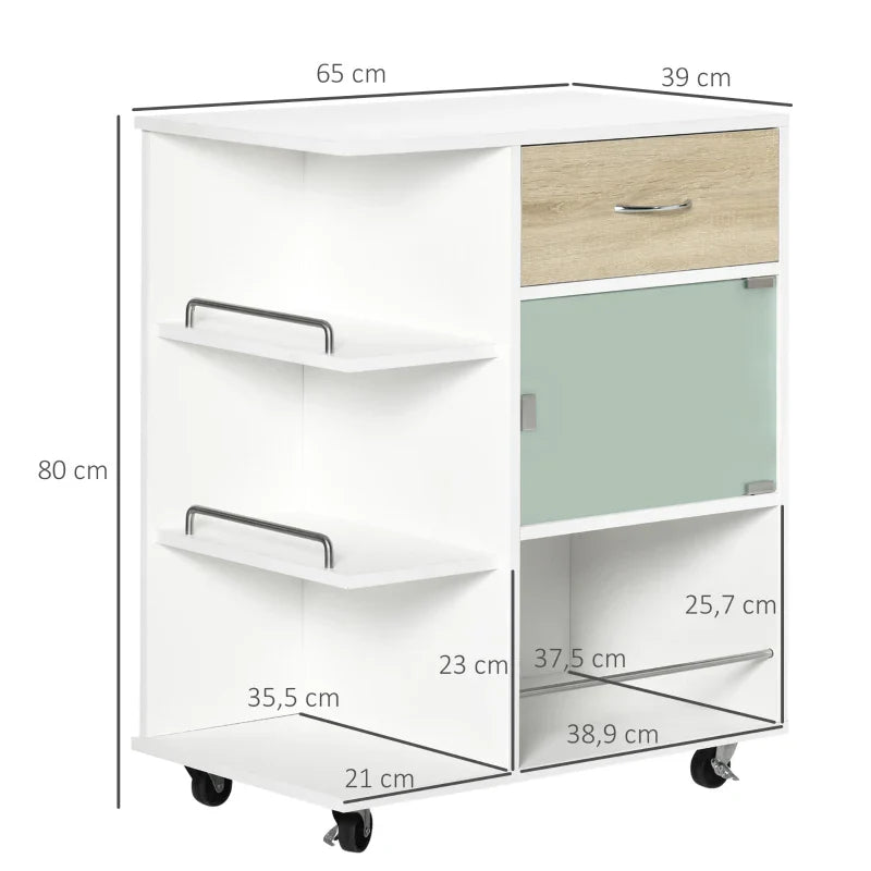 Carrinho de Cozinha com 1 Gaveta Porta de Vidro e Prateleiras Abertas Carrinho de Cozinha Auxiliar com Rodas para Sala de Estar Casa de Banho 65x39x80cm Madeira e Branco