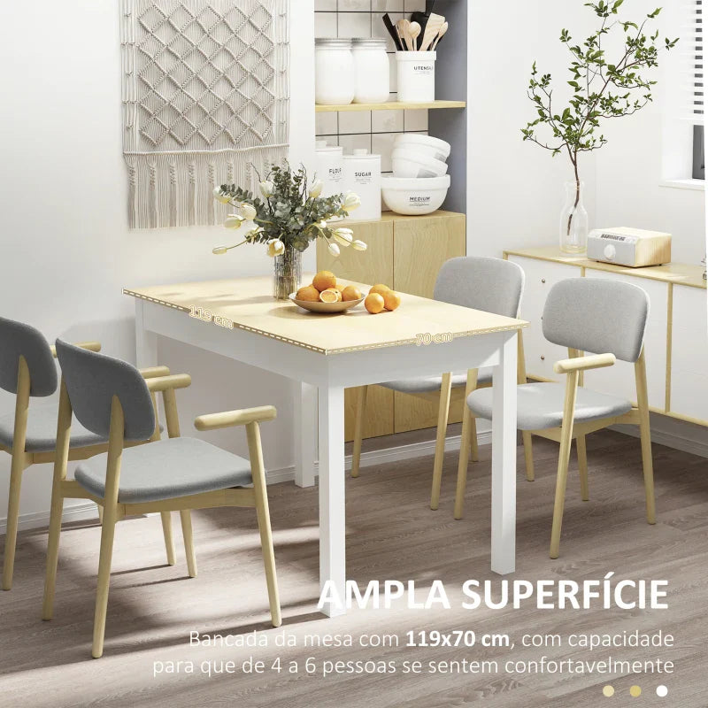 Mesa de Sala de Jantar de Madeira Mesa de Cozinha Retangular para 4-6 Pessoas Estilo Moderno para Sala de Estar Carga 50 kg 119x70x76 cm Carvalho e Branco
