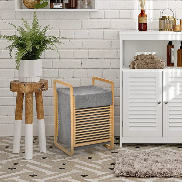 Cesto para Roupa Suja de Bambú Cesto Retangular de Roupa Portátil com Tampa e Bolsa Removível Móvel de Casa de Banho Dormitório 40x35,5x60,5cm Cor Natural e Cinza