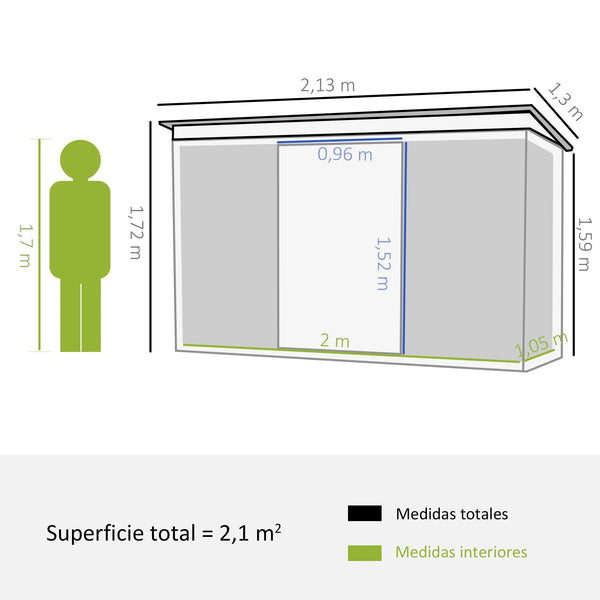 Abrigo de Jardim 213x130x173cm Abrigo de Exterior de Aço Galvanizado com Porta Corredeira e Ventilações para Armazenamento de Ferramentas Verde