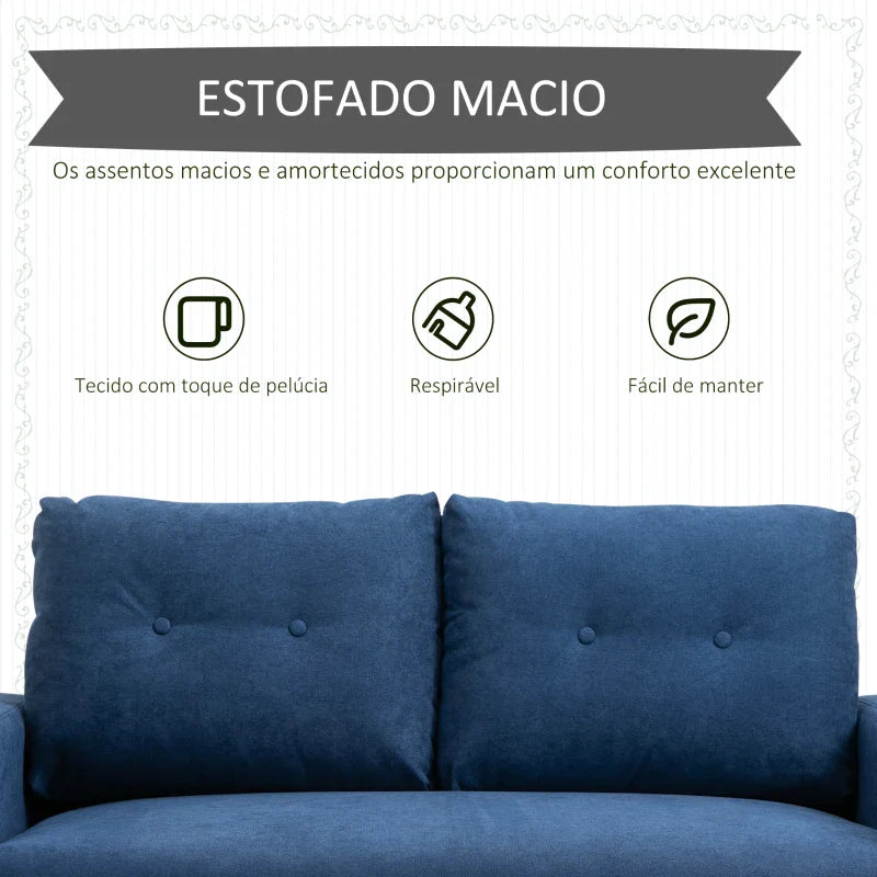 Sofá de 2 Lugares Sofá Moderno Estofado em Poliéster com 2 Almofadas Apoio para os Braços e Pés de Madeira de Borracha para Dormitório Escritório 145x76x88 cm Azul