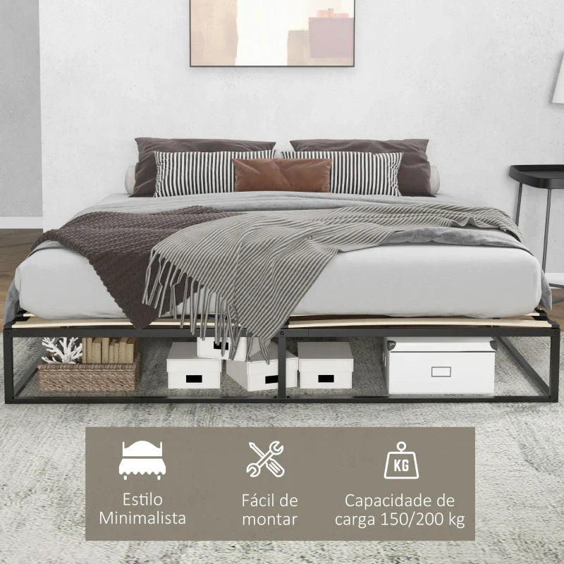 Estrutura de Cama de Aço Altura 25 cm Estrado de Cama para Colchão 180x200 cm com Ripas de Madeira para 1-2 Pessoas Estilo Moderno Preto