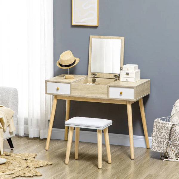 Toucador com Espelho Dobrável Mesa de Maquilhagem com Banco Compartimentos e Gavetas 100x45x118cm Madeira e Branco