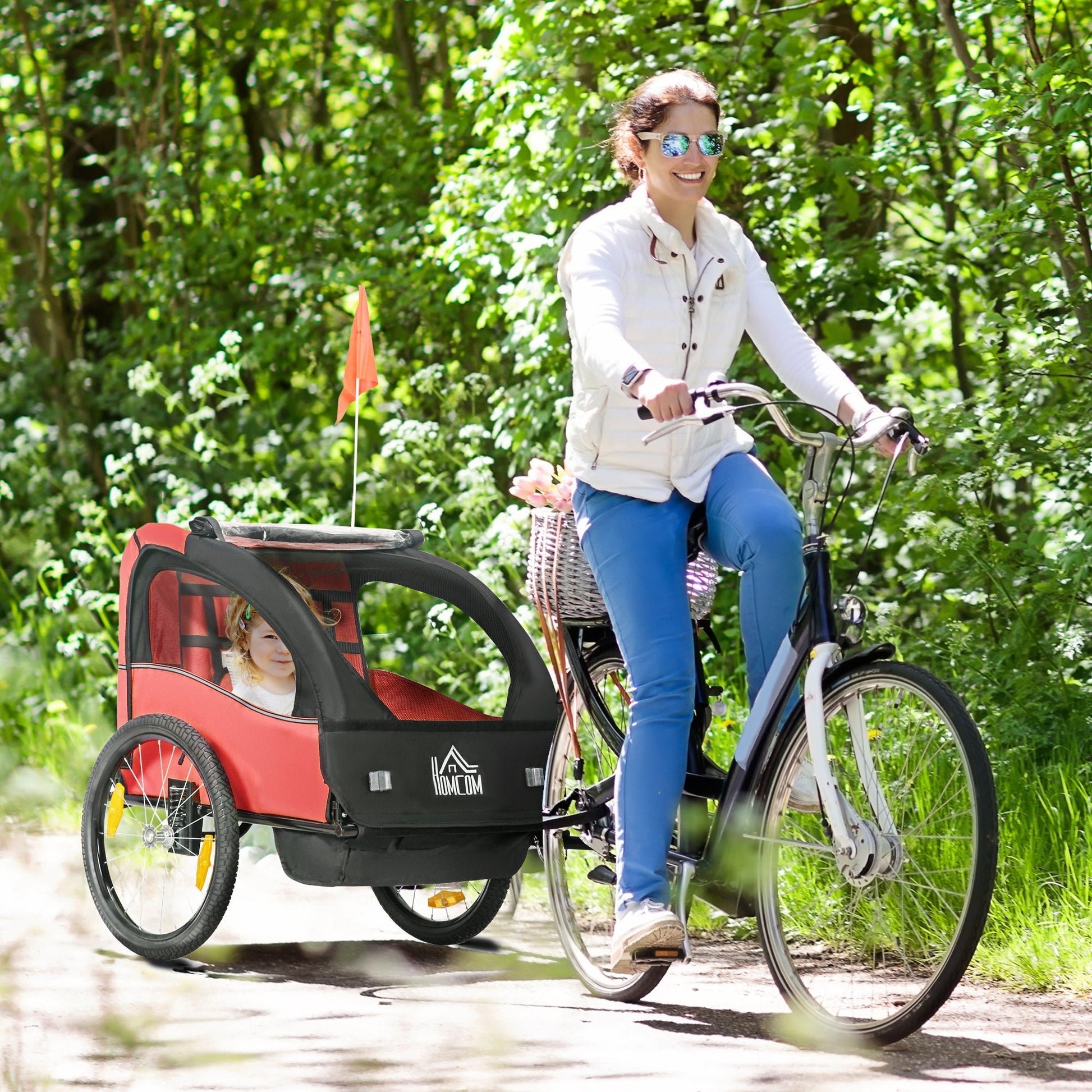 Reboque de Bicicleta para Crianças acima de 18 Meses Reboque de Bicicleta com 2 Lugares com Cinto de Segurança Espaço de Armazenamento e Sistema de Amortecimento 140x88x90 cm Vermelho - A minha loja