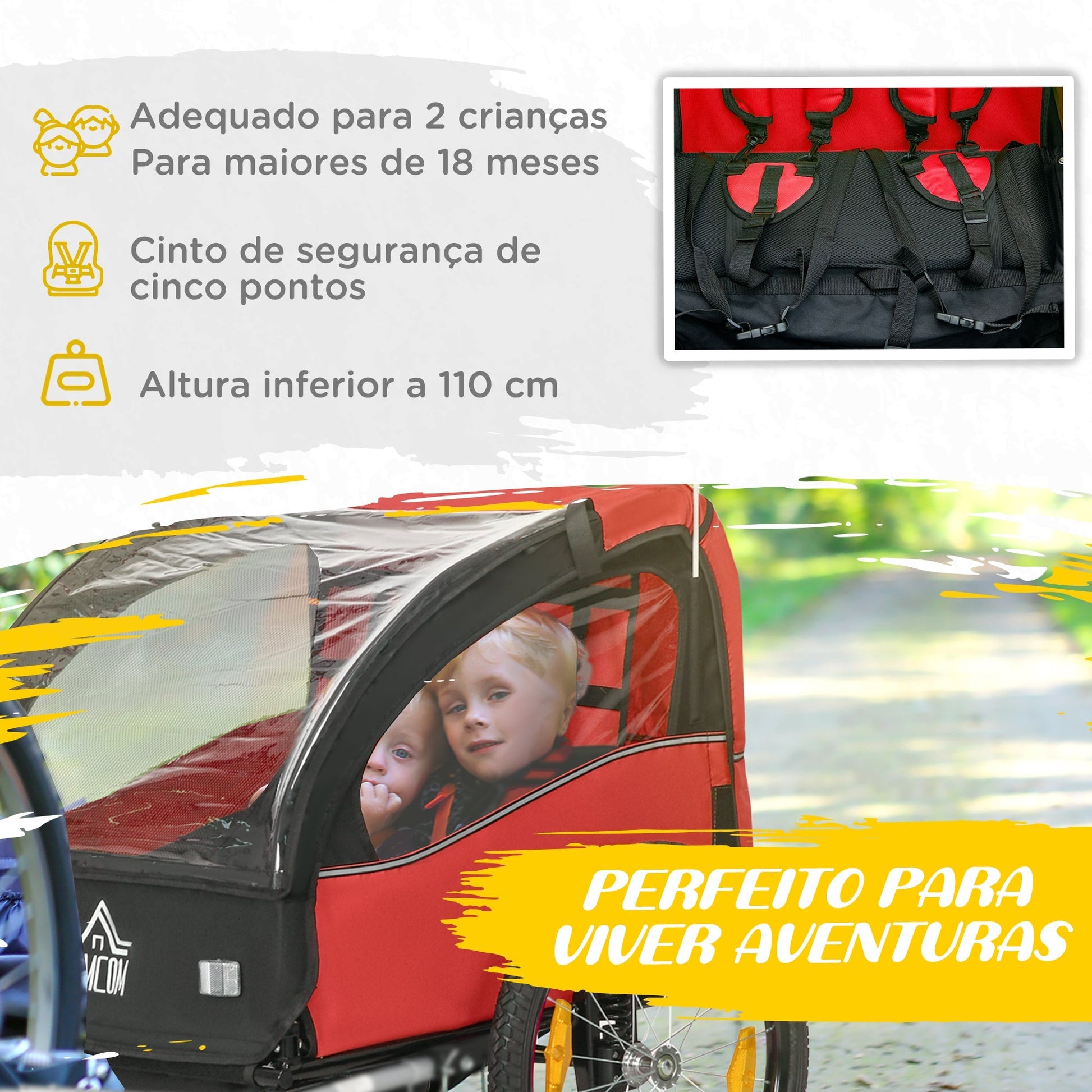 Reboque de Bicicleta para Crianças acima de 18 Meses Reboque de Bicicleta com 2 Lugares com Cinto de Segurança Espaço de Armazenamento e Sistema de Amortecimento 140x88x90 cm Vermelho - A minha loja