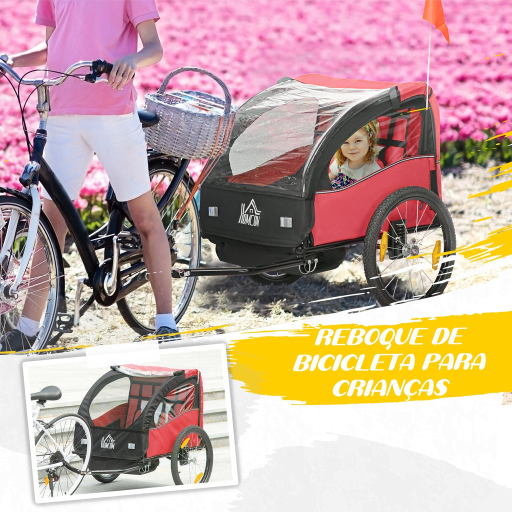 Reboque de Bicicleta para Crianças acima de 18 Meses Reboque de Bicicleta com 2 Lugares com Cinto de Segurança Espaço de Armazenamento e Sistema de Amortecimento 140x88x90 cm Vermelho - A minha loja