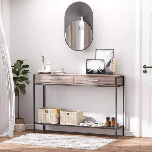 Mesa Tipo Consola Estreita Consola de Estilo Industrial com 2 Gavetas e Prateleira Inferior para Entrada Corredor Escritório 120x30x81,5cm Carvalho e Preto
